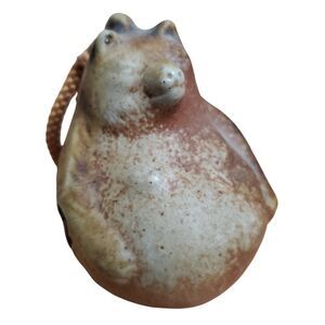 Folk Art Bear Shaped Bell Ornament Chubby MCM Handcrafted Unsigned Pottery 2"